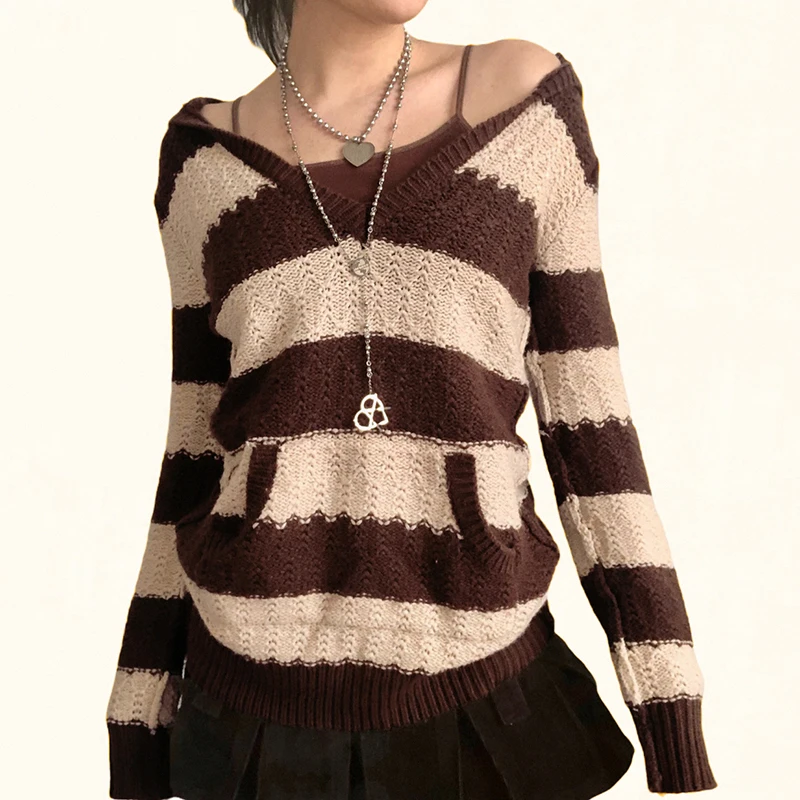 Contrasting Color Striped Hooded Sweater Women Kawaii Long Sleeve V-Neck Knitted Jumpers Sexy Slimming with Pocket Sweaters Fall
Contrasting Color Striped Hooded Sweater Women Kawaii Long Sleeve V-Neck Knitted Jumpers Sexy Slimming with Pocket Sweaters Fall