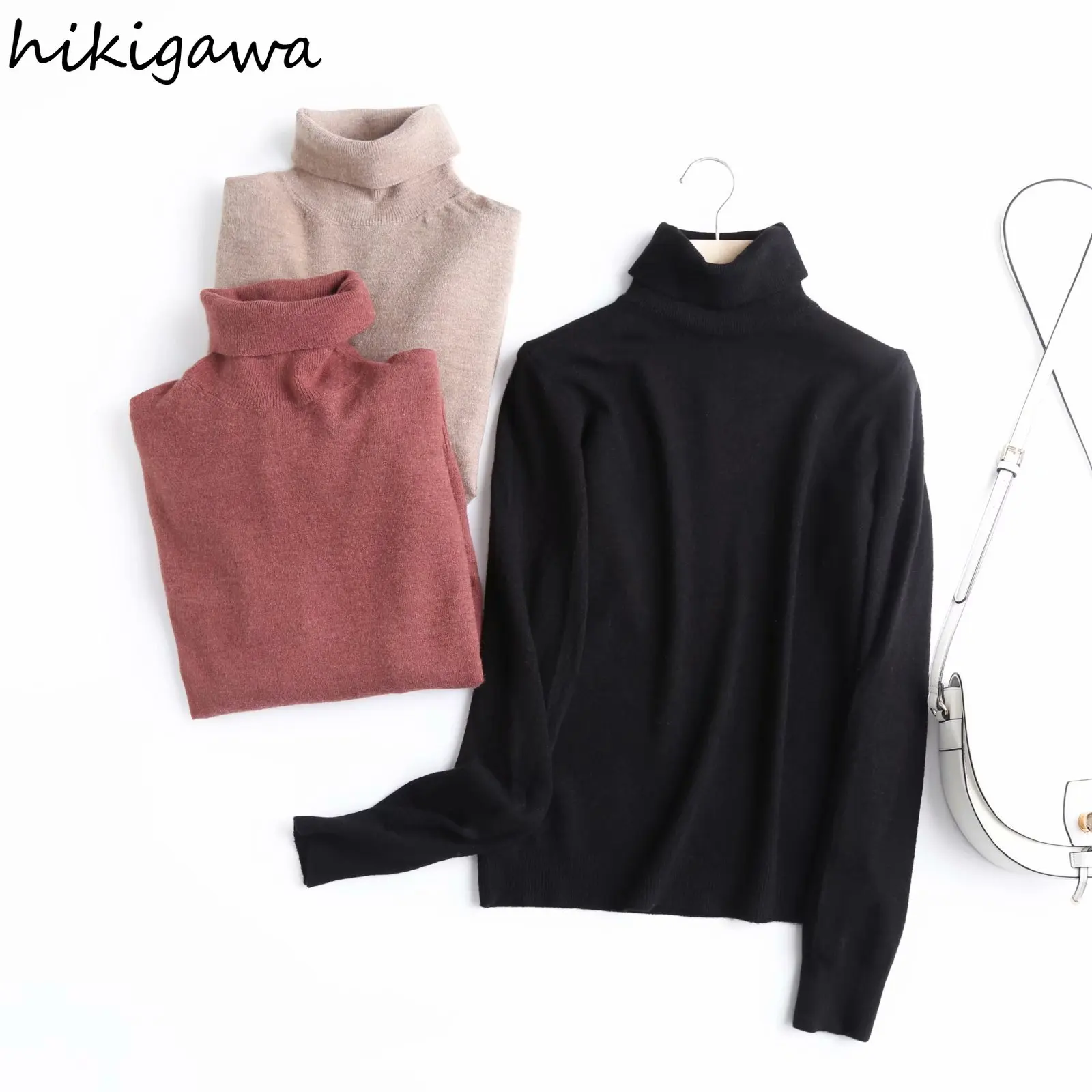 Hikigawa Women Winter Knitting Pullovers Solid High Neck Long Sleeve Casual Slim Tees Female Streetwear Chic Fashion Tops 
Hikigawa Women Winter Knitting Pullovers Solid High Neck Long Sleeve Casual Slim Tees Female Streetwear Chic Fashion Tops