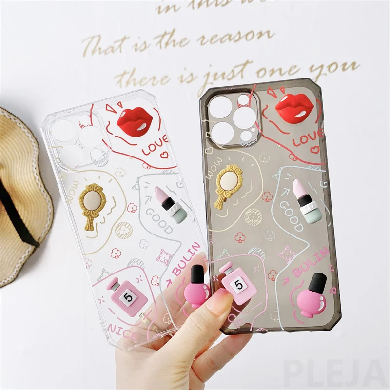 3D Cute Woman Cosmetics Phone Case For iPhone XS 12 mini 11 Pro Max 7 8 Plus X XR SE 2020 Protection Capa Transparent Soft Cover | Мобильные