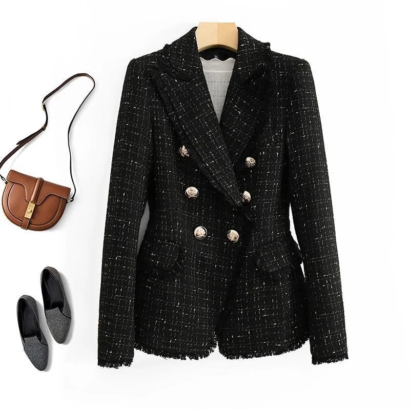 Women Fashion Double Breasted Tweed Check Blazer Coat Vintage Long Sleeve Pockets Female Outerwear Chic Jacket
Women Fashion Double Breasted Tweed Check Blazer Coat Vintage Long Sleeve Pockets Female Outerwear Chic Jacket