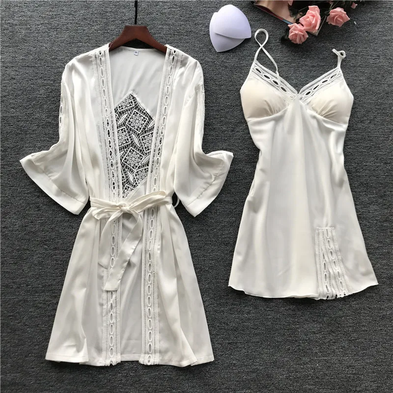 

Пижамный комплект женский из двух предметов, белый пикантный топ на бретелях, комплект повседневной одежды для сна, кимоно, банная сорочка, ...