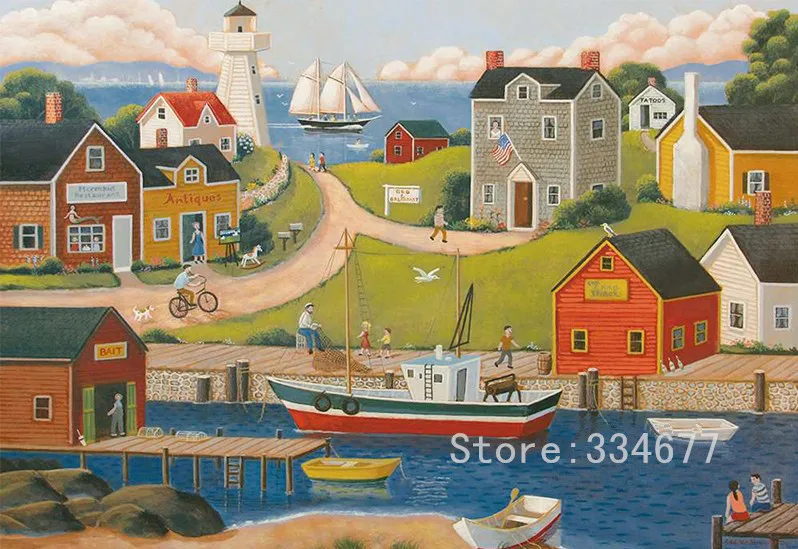 

Seaside town scenery Cross Stitch Kits Counted Needlework Embroidery Crafts 14ct Unprinted DIY Arts Handmade Home Decor