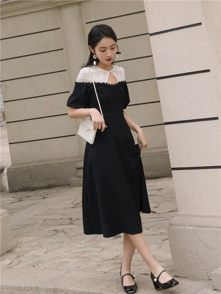 Summer Retro Lace Stitching Black Dress Women Short Sleeve High Waist Dress Female Round Neck A Line Casual Dress
Summer Retro Lace Stitching Black Dress Women Short Sleeve High Waist Dress Female Round Neck A Line Casual Dress