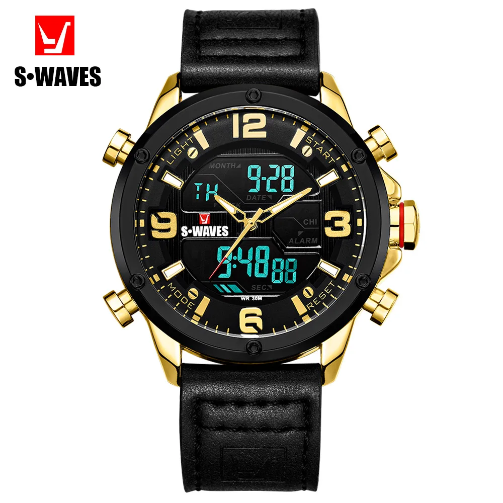 SWAVES Dual Display Watches Mens 2019 Gold Black Quartz Leather Belt Montre Homme Waterproof Military Analog Digital Men Watch
SWAVES Dual Display Watches Mens 2019 Gold Black Quartz Leather Belt Montre Homme Waterproof Military Analog Digital Men Watch