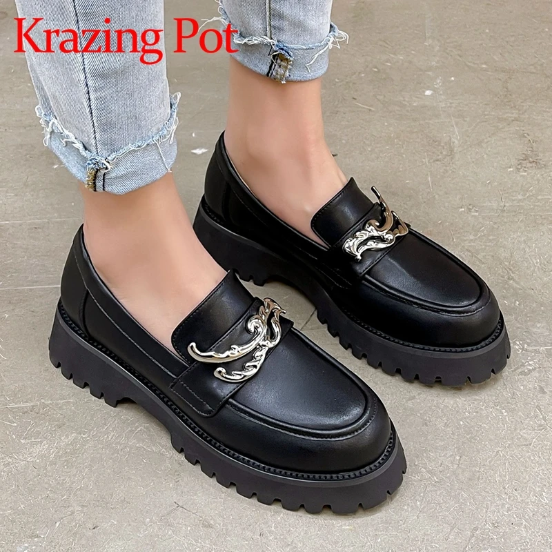 Krazing pot British style loafers hot natural cow leather round toe non-slip med heels patchwork metal fasteners women pumps l31 
Krazing pot British style loafers hot natural cow leather round toe non-slip med heels patchwork metal fasteners women pumps l31