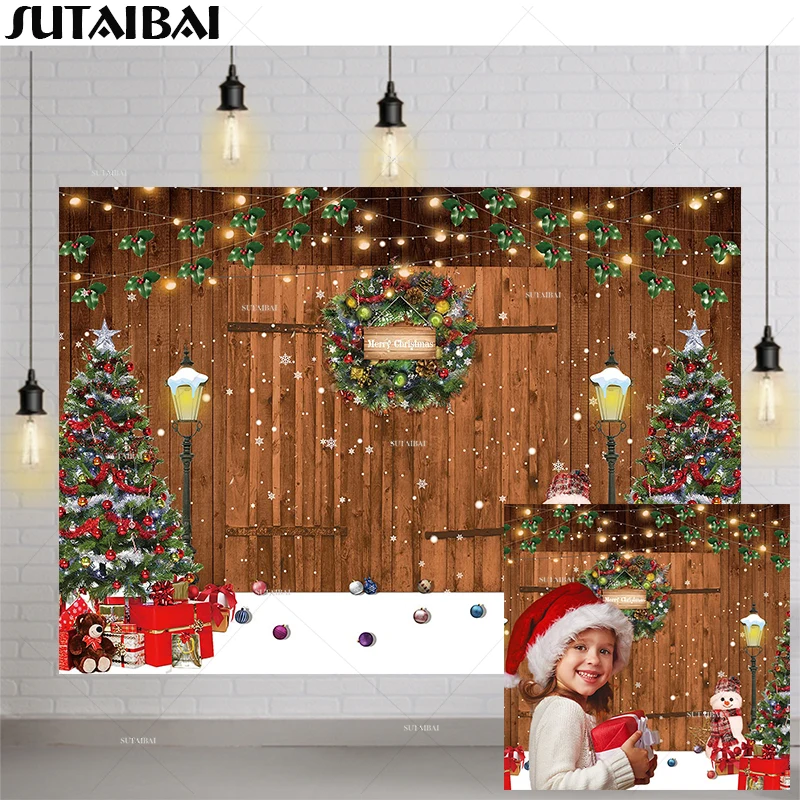 Christmas Photography Backdrop Rustic Brown Wood Door Christmas Trees Gift Lamp Background Decor Family Birthday Party Portrait
Christmas Photography Backdrop Rustic Brown Wood Door Christmas Trees Gift Lamp Background Decor Family Birthday Party Portrait