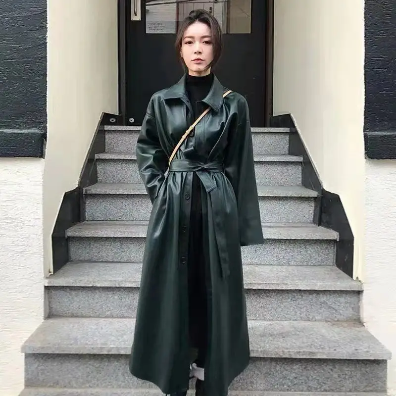 

Autumn Long Leather Trench Coat For Women Belt Faux Leather Raincoat Jacket Korean Fashion Casaco Feminino Jaqueta Manteau Femme
