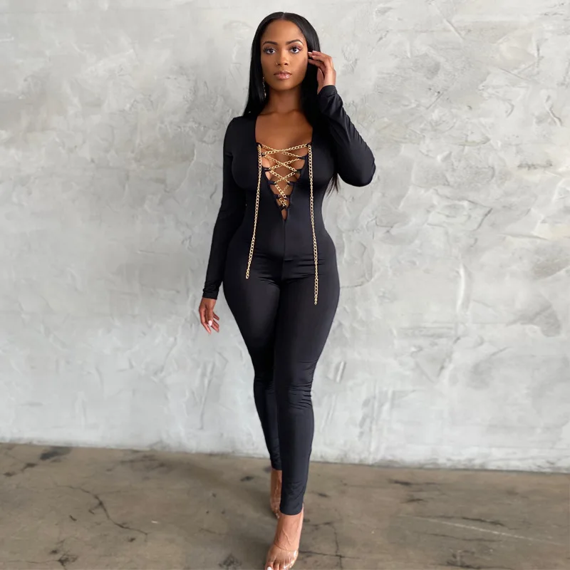 Sexy Hollow Out Metal Chain Lace UpJumpsuit Skinny Bodycon Long Sleeve V-neck Playsuit Party Club Outfits Overalls
Sexy Hollow Out Metal Chain Lace UpJumpsuit Skinny Bodycon Long Sleeve V-neck Playsuit Party Club Outfits Overalls