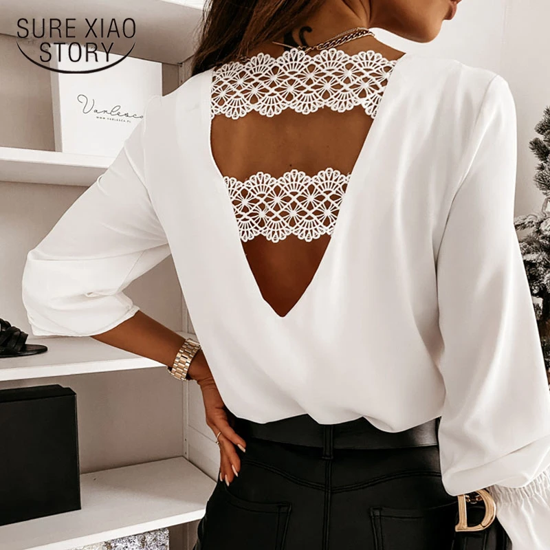 Fashion Sexy Backless Blouses 2021 Spring Hollow Out Lace Blouse Women Tops Shirt Long Sleeve White Shirts V-neck Blusas 12460
Fashion Sexy Backless Blouses 2021 Spring Hollow Out Lace Blouse Women Tops Shirt Long Sleeve White Shirts V-neck Blusas 12460