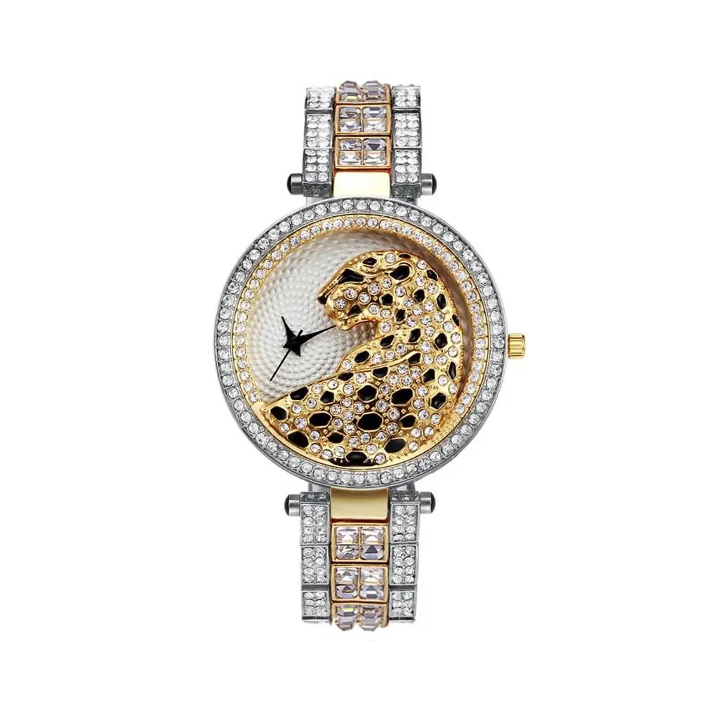 Роскошные часы с леопардовым принтом блестящие со льдом 18 К золотые CZ кварцевые