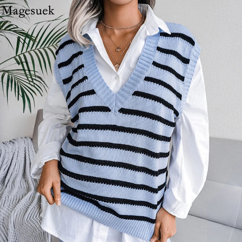 V Neck Sleeveless Knitted Sweater Vest Autumn and Winter Pullover Women Vintage Sweater Casual Striped Sweater Loose Top 18136
V Neck Sleeveless Knitted Sweater Vest Autumn and Winter Pullover Women Vintage Sweater Casual Striped Sweater Loose Top 18136