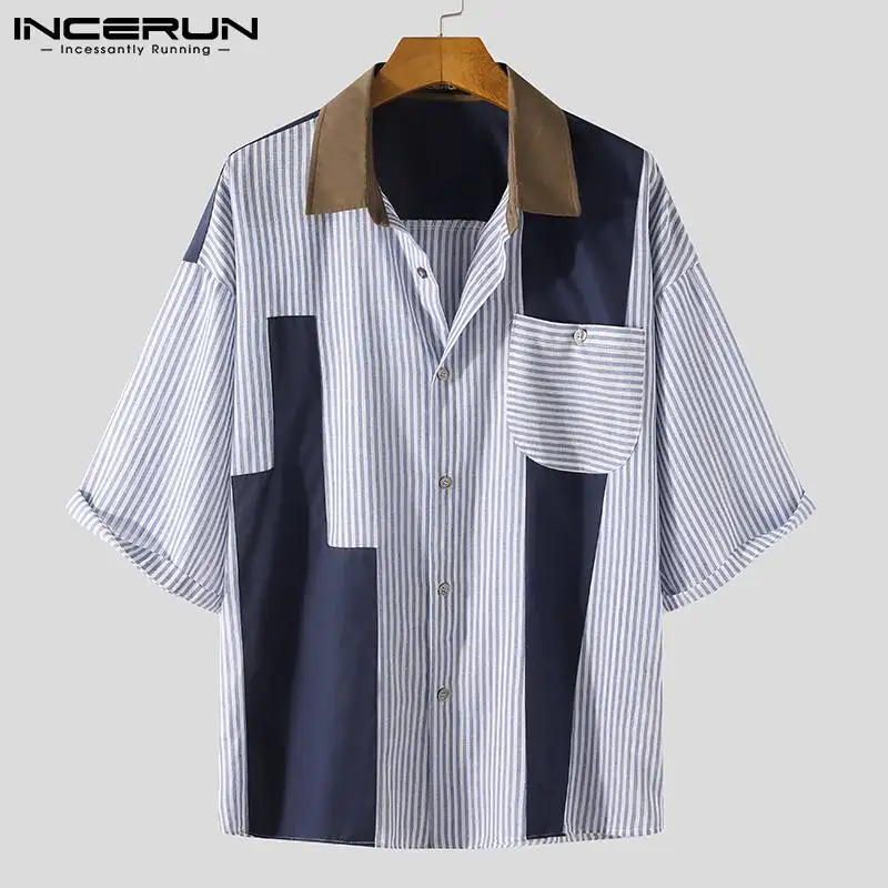 2021 Summer Men Striped Patchwork Shirt Lapel Half Sleeve Pockets Tops Harajuku Streetwear Loose Casual Camisas S-5XL INCERUN
2021 Summer Men Striped Patchwork Shirt Lapel Half Sleeve Pockets Tops Harajuku Streetwear Loose Casual Camisas S-5XL INCERUN