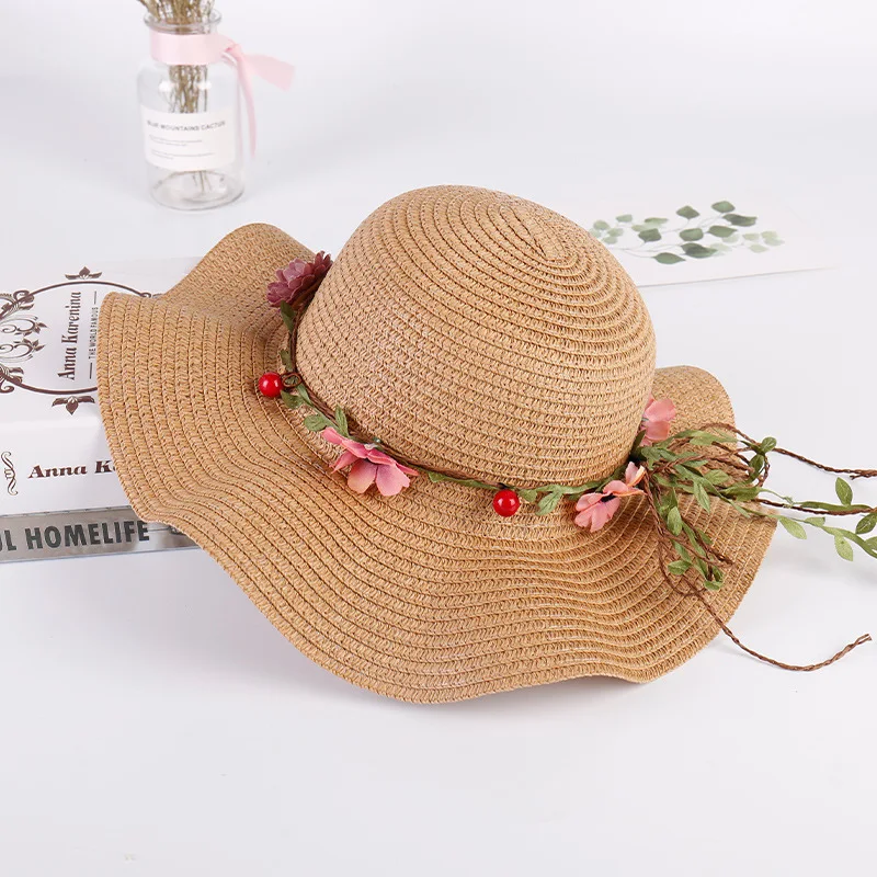 

Summer Weave Parent-Child Straw Hats Beach Vacation Travel Ladies Sun Hat Sunscreen Women Big Eaves Flowers Children Raffia Hat