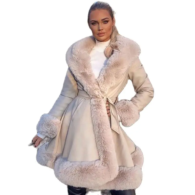 Женская куртка с отворотом, длинное пальто с длинными рукавами и поясом из искусственного меха, 2021 
Женская куртка с отворотом, длинное пальто с длинными рукавами и поясом из искусственного меха, 2021