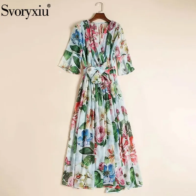 Svoryxiu Runway Custom Summer Party Long Dresses Women's Elegant 3/4 Sleeve V-Neck Flower Print Blue Chiffon Dress Vestdios
Svoryxiu Runway Custom Summer Party Long Dresses Women's Elegant 3/4 Sleeve V-Neck Flower Print Blue Chiffon Dress Vestdios