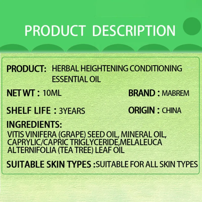 Herbal Heightening Conditioning Essential Oil Safe & Healthy High Soothing Feet Conditioning Massage Oil
Herbal Heightening Conditioning Essential Oil Safe & Healthy High Soothing Feet Conditioning Massage Oil