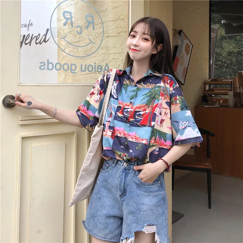 

Women Summer TShirts Hong Kong Style Chin Western Style Retro Shirts Thin Tops Japan Harajuku Pictorial T Shirt for Women
