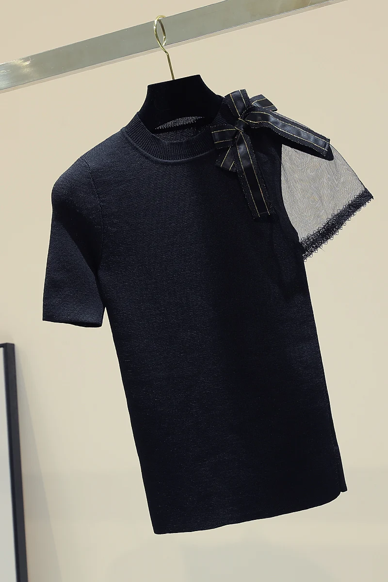 Mesh Stitching Thin Knitted Short Sleeve T-shirt for Women 2020 Summer New Slim Bow Black Knit Jacket Ladies Black T Shirts Tops
Mesh Stitching Thin Knitted Short Sleeve T-shirt for Women 2020 Summer New Slim Bow Black Knit Jacket Ladies Black T Shirts Tops