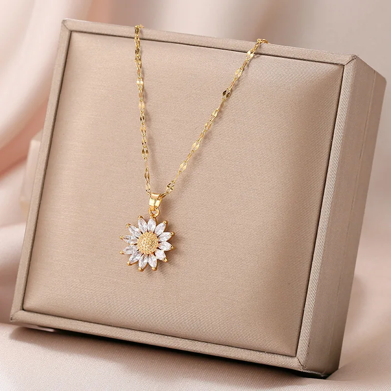 

Sunflower Flower Charm Necklace, Pendant with White Crystals on a Gold Plated Non Tarnish Chain, Delicate Gift for Women, Girls