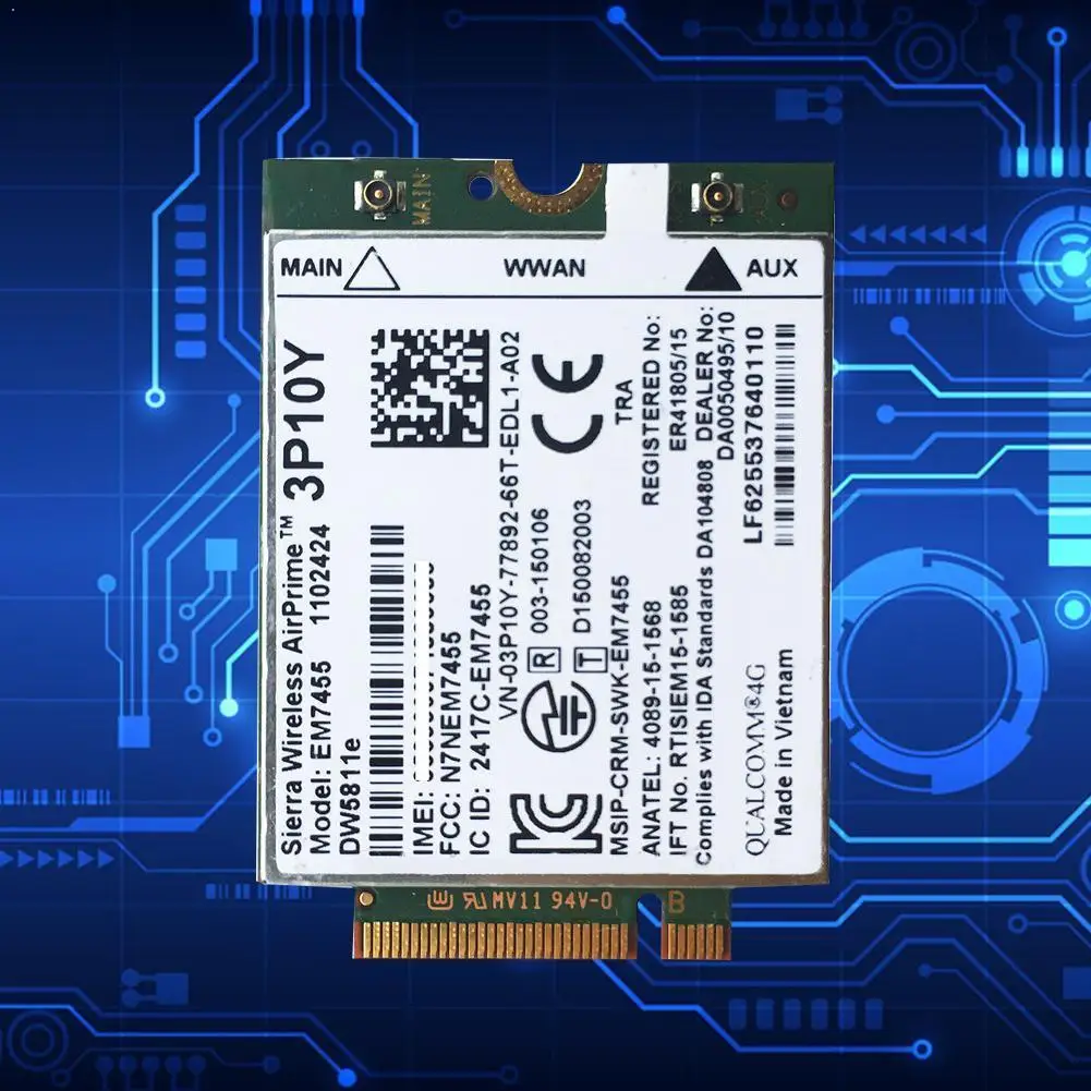4G Wifi карта WWAN, модуль 3P10Y Sierra EM7455 Qualcomm для ноутбука Dell серии E5470 LTE Latitude Snapdragon X7 E9O6
4G Wifi карта WWAN, модуль 3P10Y Sierra EM7455 Qualcomm для ноутбука Dell серии E5470 LTE Latitude Snapdragon X7 E9O6
