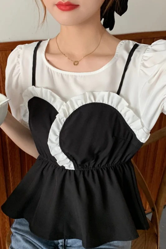 Women's Fake Two Piece Camisole Blouse New Plus Size Slim Waist Fashionable Shirt Female Short Sleeve Spliced Shirt
Women's Fake Two Piece Camisole Blouse New Plus Size Slim Waist Fashionable Shirt Female Short Sleeve Spliced Shirt