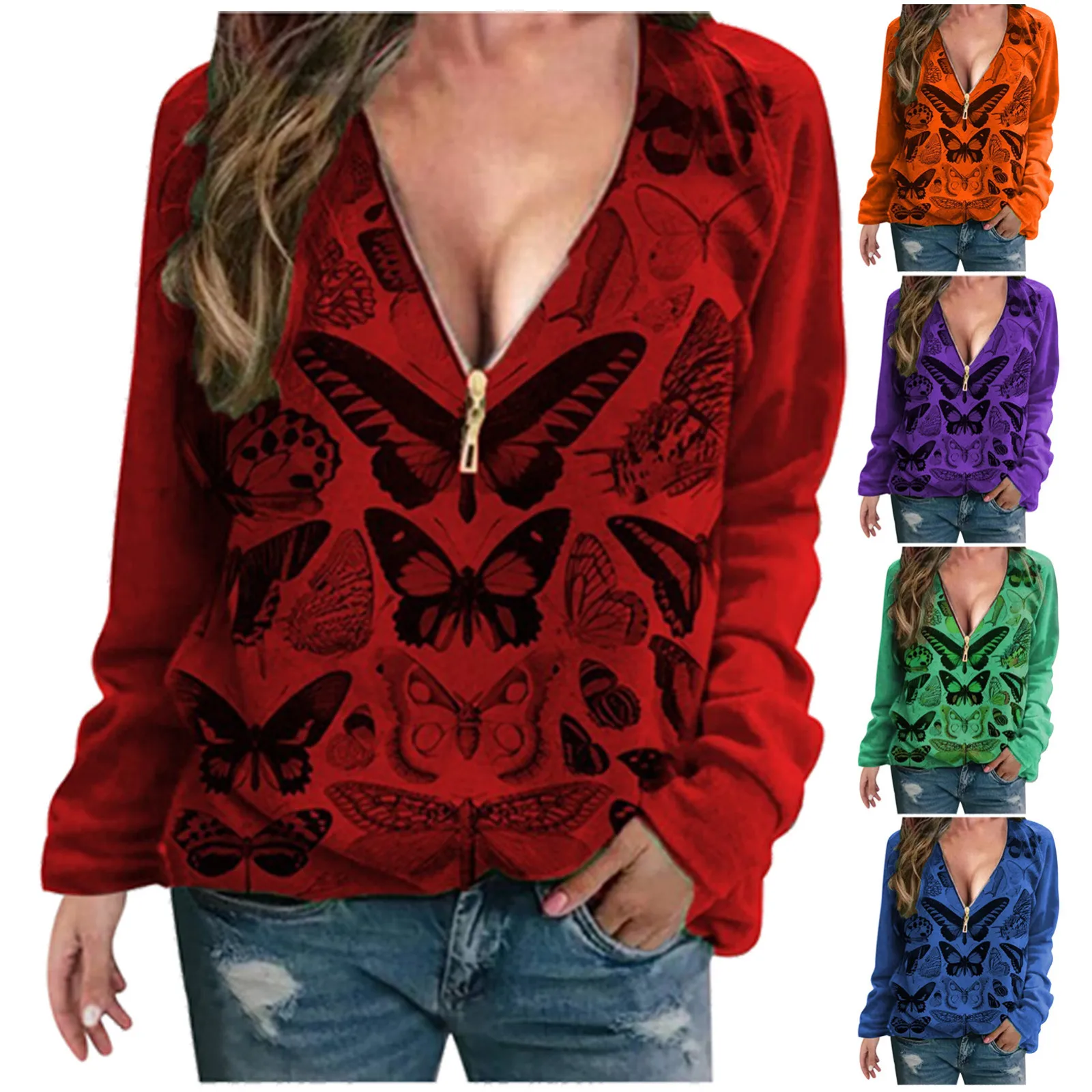 Women Long Sleeve Loose Deep V-neck Zipper T-Shirt Casual Butterflys Print Blouse Top Solid Color All-match Lovely Girls T-shirt
Women Long Sleeve Loose Deep V-neck Zipper T-Shirt Casual Butterflys Print Blouse Top Solid Color All-match Lovely Girls T-shirt