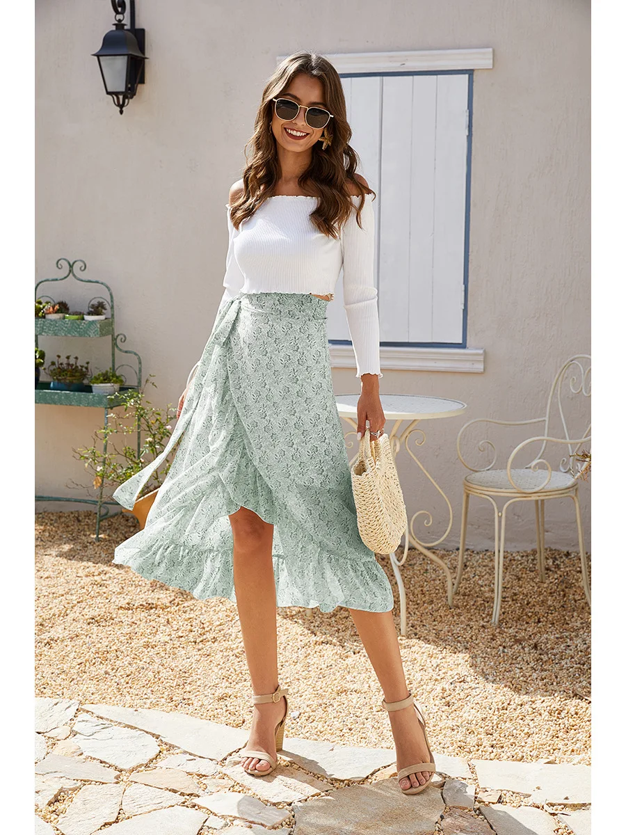 

Woman Skirts High Waist Fashion Long Black Knotted Tied Wrap Floral Ruffle Chiffon A Line Split Skirt 2021 Spring Summer Clothes