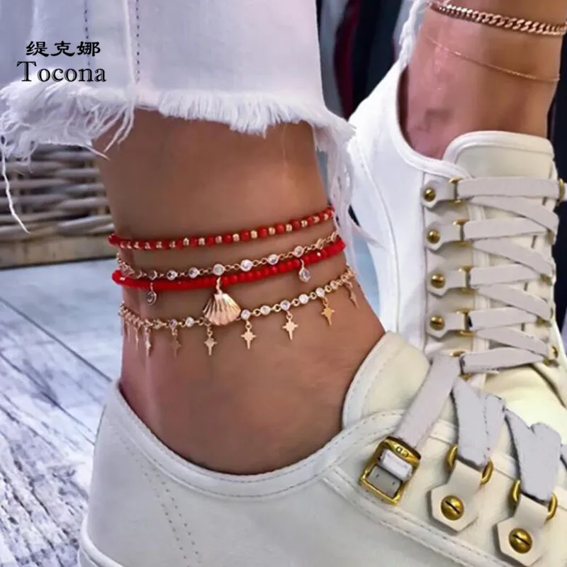 Tocona 4 шт./компл. богемные браслеты на ногу с бисером для женщин Летняя цепочка