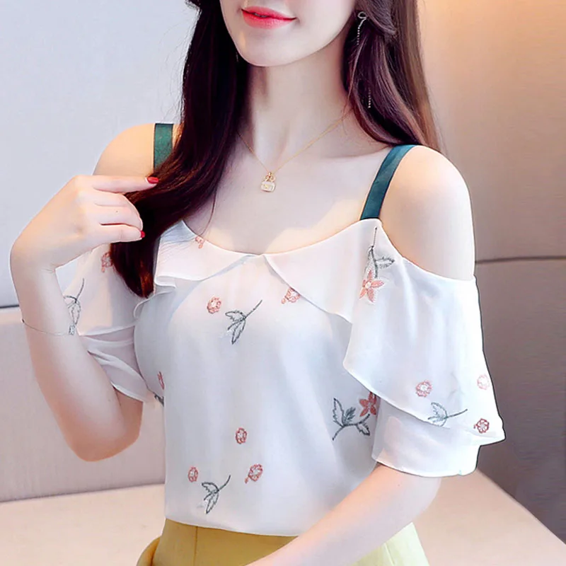 

Blouse Women 2021 Summer Tops Slash Neck Off Shoulder Top Short Sleeve Print Chiffon Blouse Shirt Tops Blusas Camisas Mujer