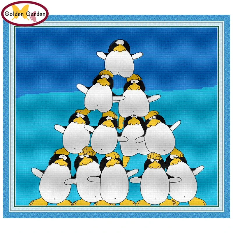 

GG Penguin Pile Painting Counted Cross Stitch Kit Embroidery Needleworks Set Joy Sunday Printed Cross Stitch for Kids Home Decor