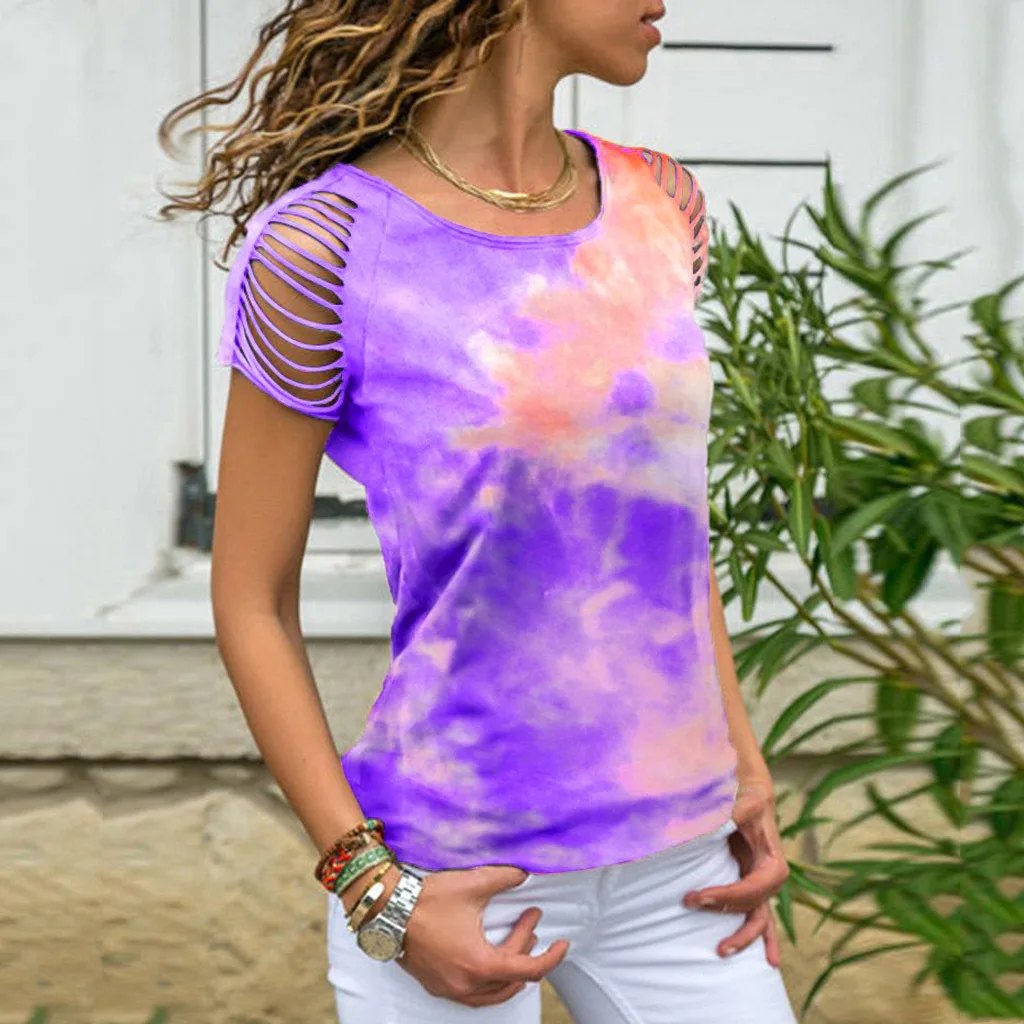 High Street Casual T-shirt Women's Clothing Tie-Dye holed off-the-Shoulder Short-Sleeved tops t shirts women | Женская одежда