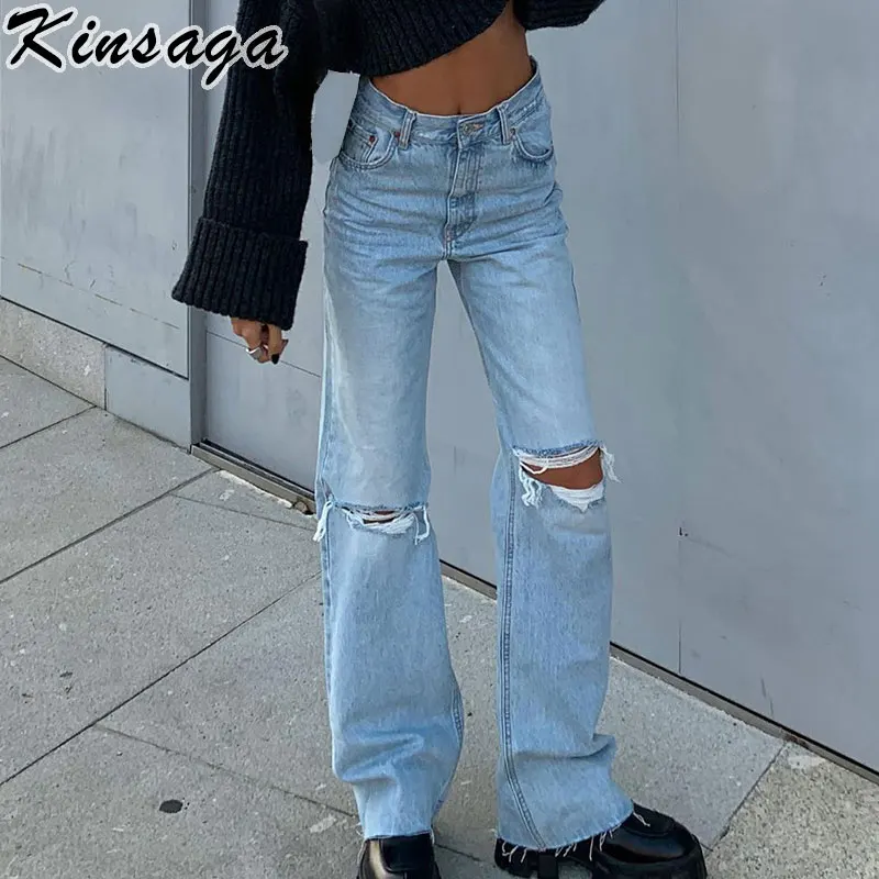 

Vintage High Waist Baggy Straight Jeans Mom Streetwear Ripped Hole Distressed Denim Pants Women Casual Tassels Wide Leg Trousers