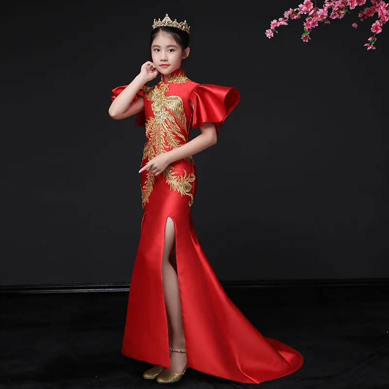 

Children Evening Dress Chinese Style Dress Girls Embroidery Mermaid Cheongsam Catwalk Host Piano Guzheng Costumes Tailing Gown