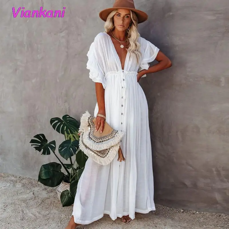 Sexy Deep V Neck Maxi Dress women Backless White Cotton Boho dresses Summer Ruffles 2021 Casual beach Bikini Cover Up
Sexy Deep V Neck Maxi Dress women Backless White Cotton Boho dresses Summer Ruffles 2021 Casual beach Bikini Cover Up