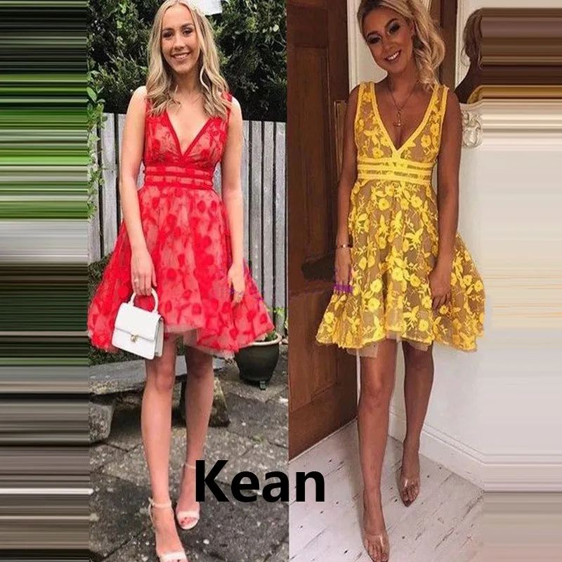 Yellow Red Homecoming Dresses v-neck Illusion Lace A-Line Above Knee, mini vetidos Elegant Cocktail Dresses
Yellow Red Homecoming Dresses v-neck Illusion Lace A-Line Above Knee, mini vetidos Elegant Cocktail Dresses