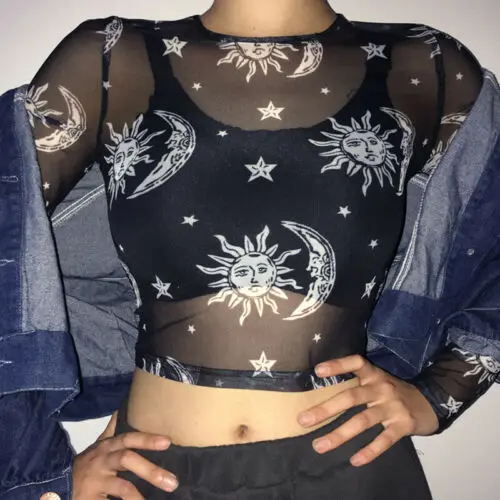 2020 Women Sexy Harajuku Mesh Tops Long Sleeve See Through T Shirt Transparent Sun Moon Star Print T-shirt Femininas Clubwear
2020 Women Sexy Harajuku Mesh Tops Long Sleeve See Through T Shirt Transparent Sun Moon Star Print T-shirt Femininas Clubwear