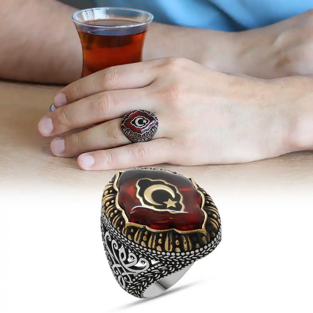 Мужское серебряное кольцо Tesbihane красное Янтарное 925 пробы с вышивкой в виде луны и