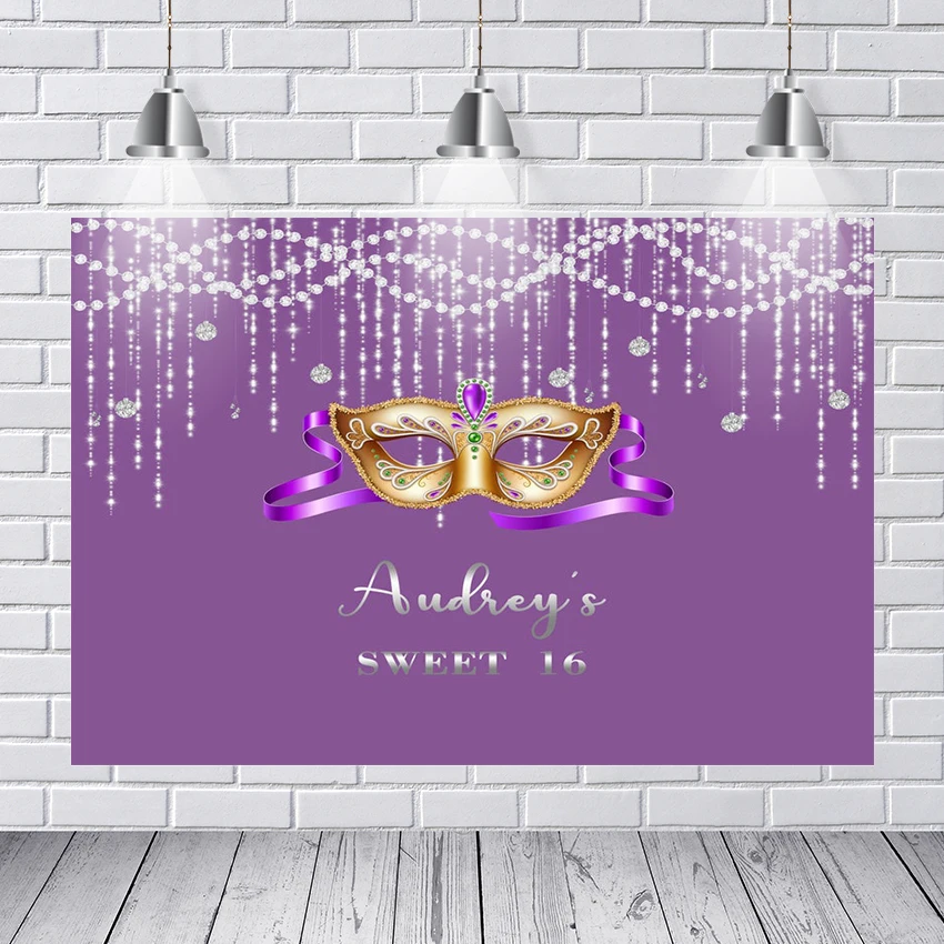 Silver Diamond Sparkling Sweet 16 Birthday Banner Photography Mask Purple Studio Background for Masquerade Party Photo Booth 
Silver Diamond Sparkling Sweet 16 Birthday Banner Photography Mask Purple Studio Background for Masquerade Party Photo Booth