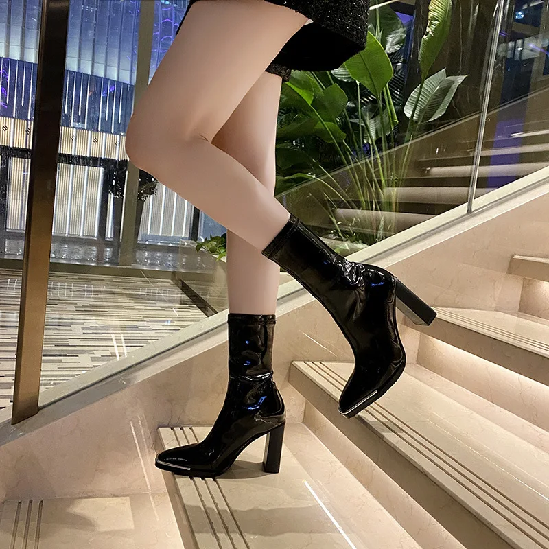 Prowow 2021 Women Booties Patent Leather Chunky High Heels Classic Black Fashion Pointed Toe Metal Stretchy Ankle Boots Woman 
Prowow 2021 Women Booties Patent Leather Chunky High Heels Classic Black Fashion Pointed Toe Metal Stretchy Ankle Boots Woman