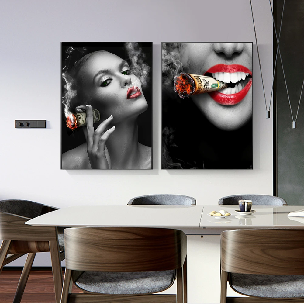 Sexy Red Lips Smoking Money Girl Art Canvas Print Painting Wall Picture Modern Women Living Room Bar Home Decoration Poster
Sexy Red Lips Smoking Money Girl Art Canvas Print Painting Wall Picture Modern Women Living Room Bar Home Decoration Poster
