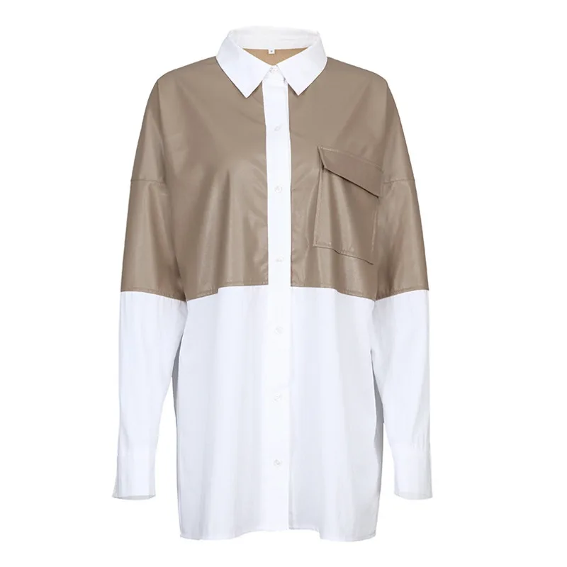 2021 Autumn New Fashion PU Leather Patchwork Women Loose Blouse Long Sleeve Turn-down Collar Mid Long Shirts Casual Streerwear
2021 Autumn New Fashion PU Leather Patchwork Women Loose Blouse Long Sleeve Turn-down Collar Mid Long Shirts Casual Streerwear