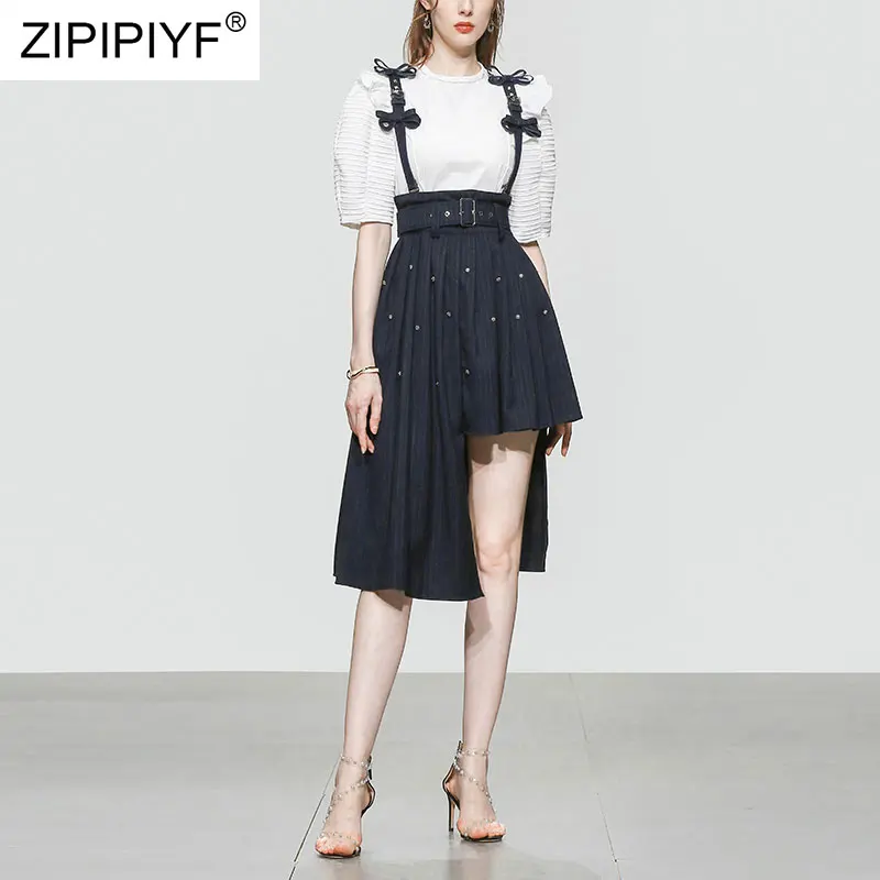 2021 Summer Runway Fashion Simple Design O Neck Short Puff Sleeve White T-Shirts Bow Patchwork Asymmetric Skirts Suits Z388
2021 Summer Runway Fashion Simple Design O Neck Short Puff Sleeve White T-Shirts Bow Patchwork Asymmetric Skirts Suits Z388
