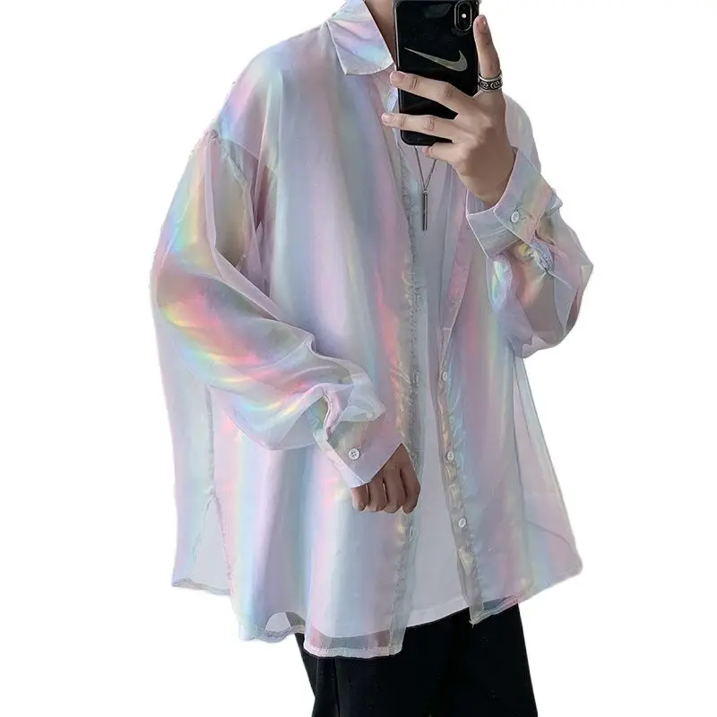 New Summer Breathable Rainbow Color Holographic Reflective Men Shirts Oversized Blouse Street Wear Sexy Sun-protective Clothing
New Summer Breathable Rainbow Color Holographic Reflective Men Shirts Oversized Blouse Street Wear Sexy Sun-protective Clothing