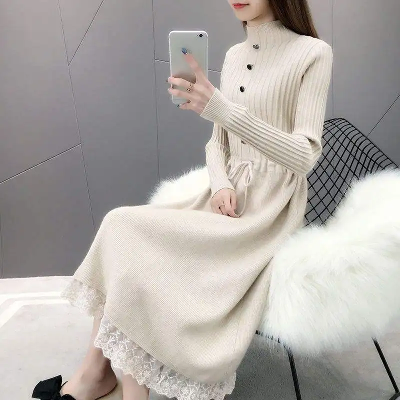 JMPRS Elegant Lace Patchwork Women Sweater Dress Long Sleeve Winter Fashion Lace Up High Waist Female Knit Warm Black Midi Dress
JMPRS Elegant Lace Patchwork Women Sweater Dress Long Sleeve Winter Fashion Lace Up High Waist Female Knit Warm Black Midi Dress