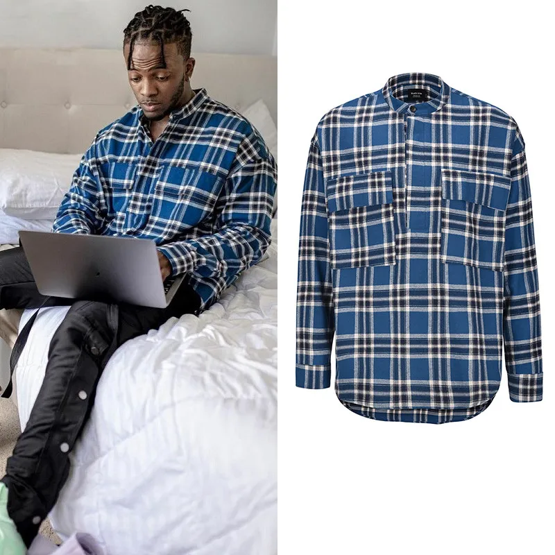 

Urban Streetwear Mens Tartan Shirts Retro Fashionable Henry Collar Casual Shirt Hip Hop Plaid Long Sleeve Shirt Oversized Top