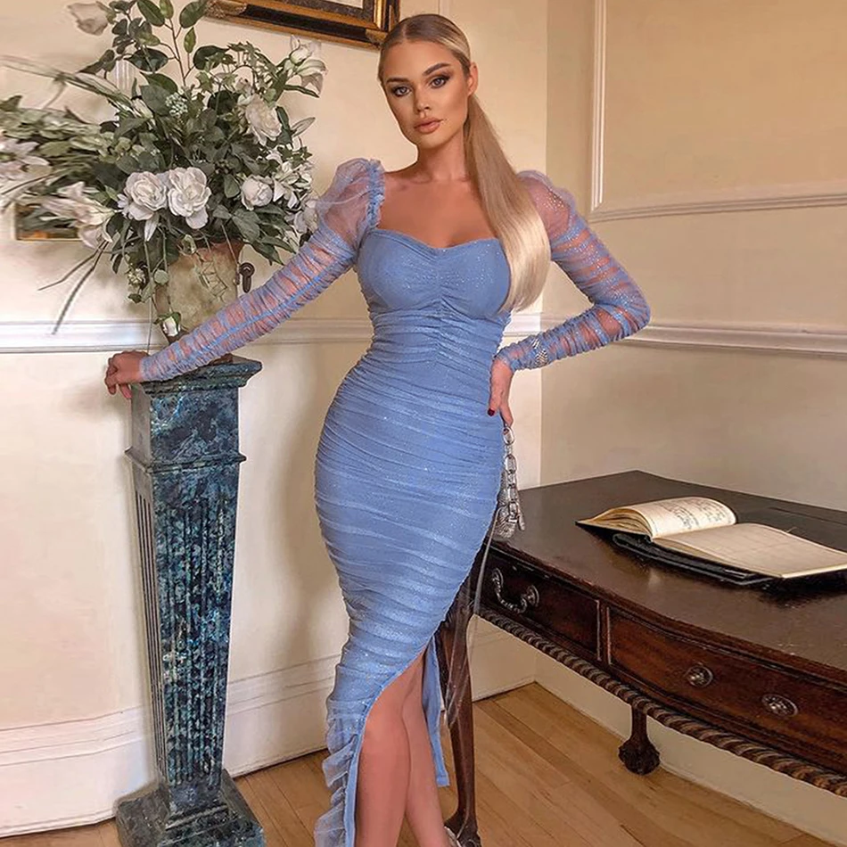 2021 Fall New Fashion Light Luxury Ladies Sky Blue Long Sleeve Dress Mesh Puff Sleeve Split Bright Silk Bodycon Dress
2021 Fall New Fashion Light Luxury Ladies Sky Blue Long Sleeve Dress Mesh Puff Sleeve Split Bright Silk Bodycon Dress