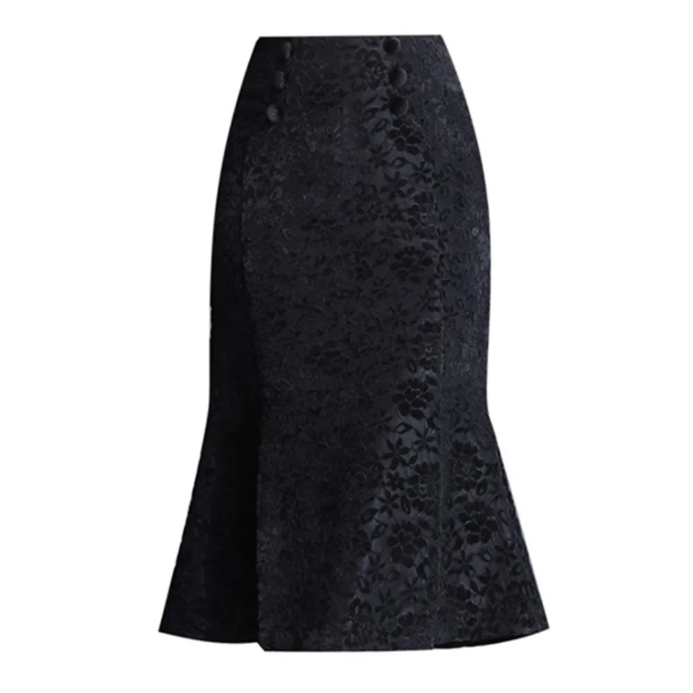 

2022 Fashion Women Long Skirts Vintage Trumpet High Waist Skirt Black Package Hip Slim Tight Fishtail Lace Mermaid Skirts