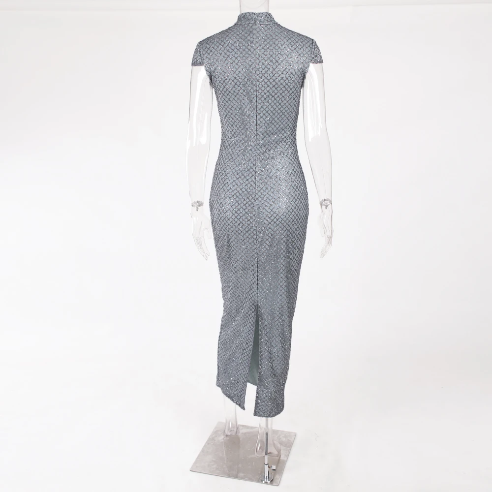 Elegant Plaid Glittered Party Dress Cap Sleeve Grey Gold Split Back Mid Calf Length Stand Neck Long Summer Night Club Dress
Elegant Plaid Glittered Party Dress Cap Sleeve Grey Gold Split Back Mid Calf Length Stand Neck Long Summer Night Club Dress