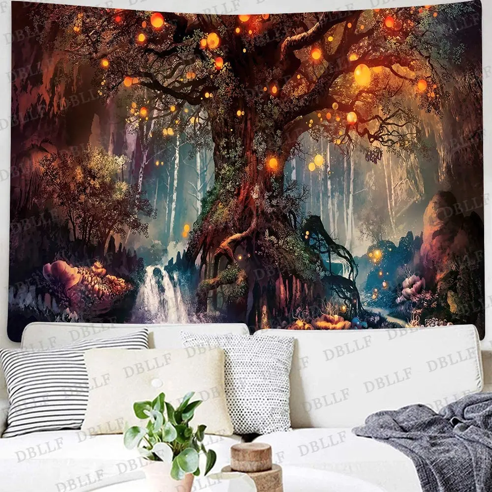 

Fantasy Plant Magical Forest Fairy Large Flannel Life Tree Elves Waterfalls Stream Wall Art Tapestry Hanging With Bedroom