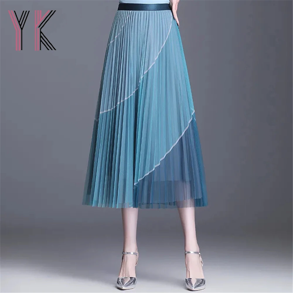 Color Matching Stitching Pleated Mesh Elastic High Waist Long Skirts Mom Stripe Midi Skirts Korean Elegant Tutu Tulle Fairy Saia
Color Matching Stitching Pleated Mesh Elastic High Waist Long Skirts Mom Stripe Midi Skirts Korean Elegant Tutu Tulle Fairy Saia